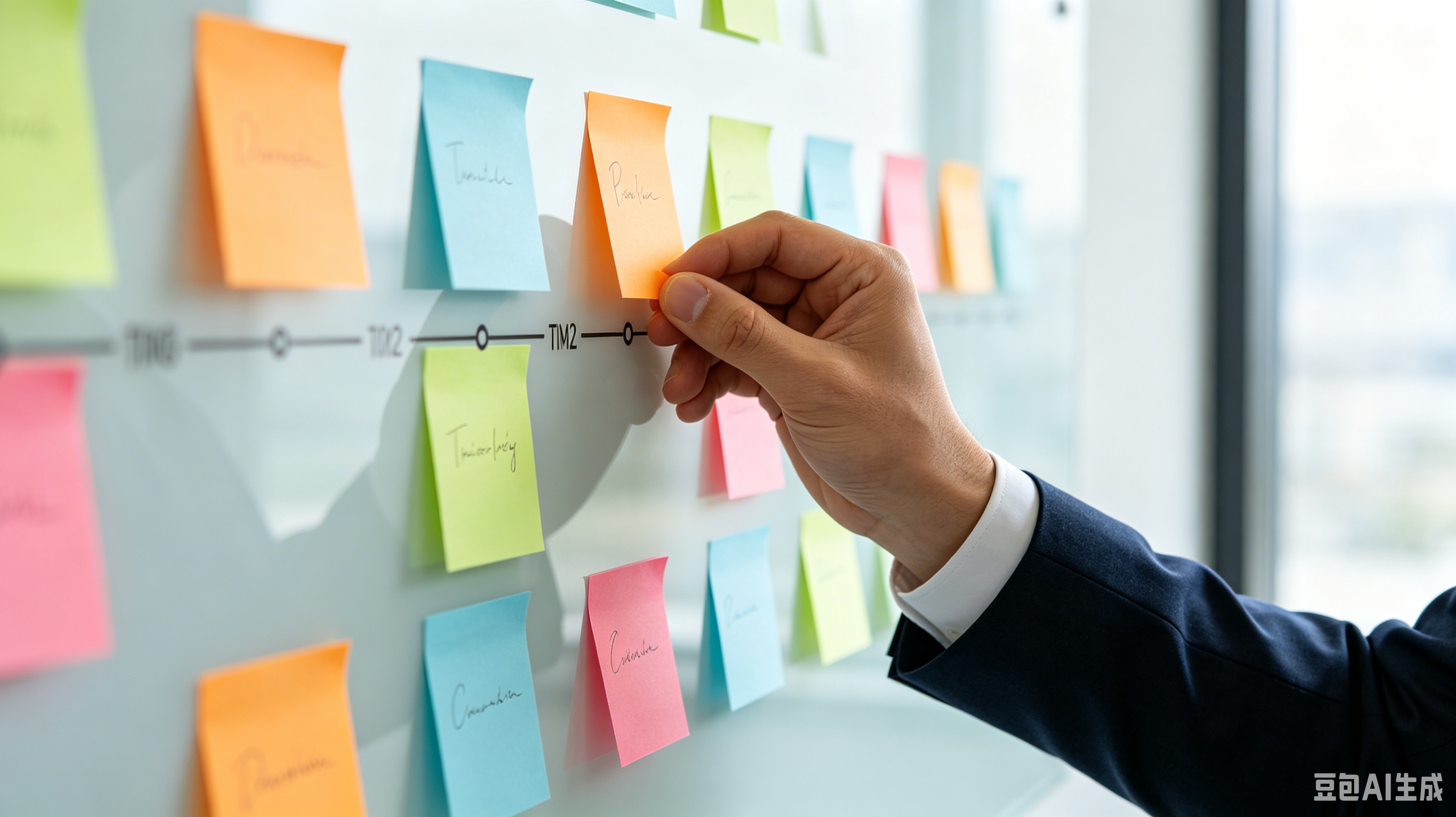 Colorful post-it notes on a glass board representing HR consulting and planning